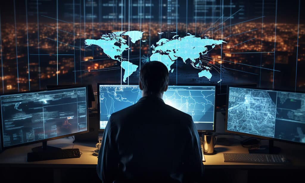 A cybersecurity analyst focuses intently on a satellite image di
