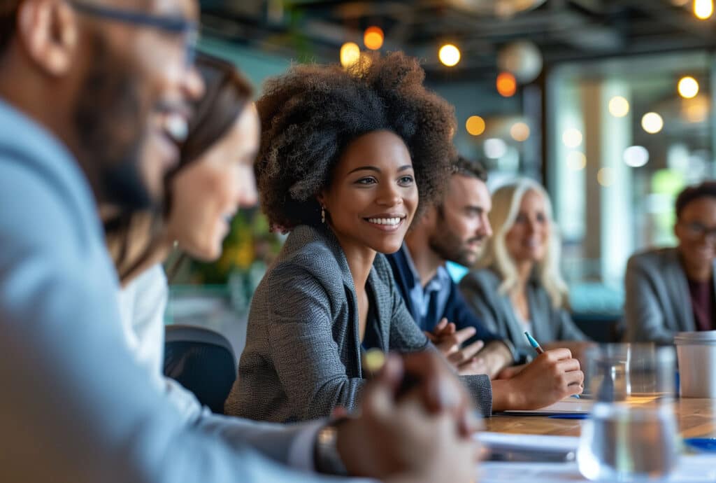 Group of professionals engaged in a business meeting in a modern office.