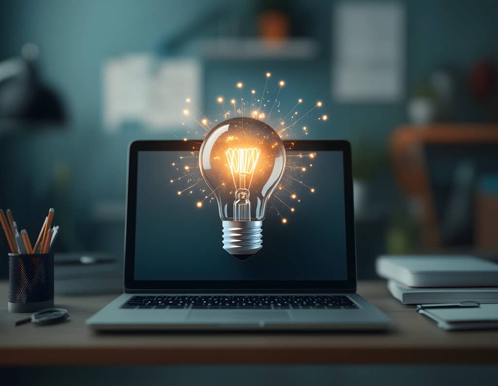 Floating light bulb on laptop showing technology innovation and